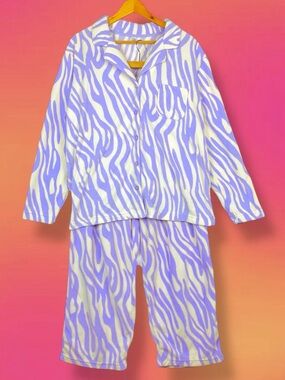 Vintage 90s Funky Purple Zebra Flame Animal Print Fleece Lounge Sleepover PJ Set